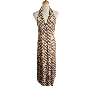Urban Outfitters White and Brown Plaid Daisy Halter Sundress